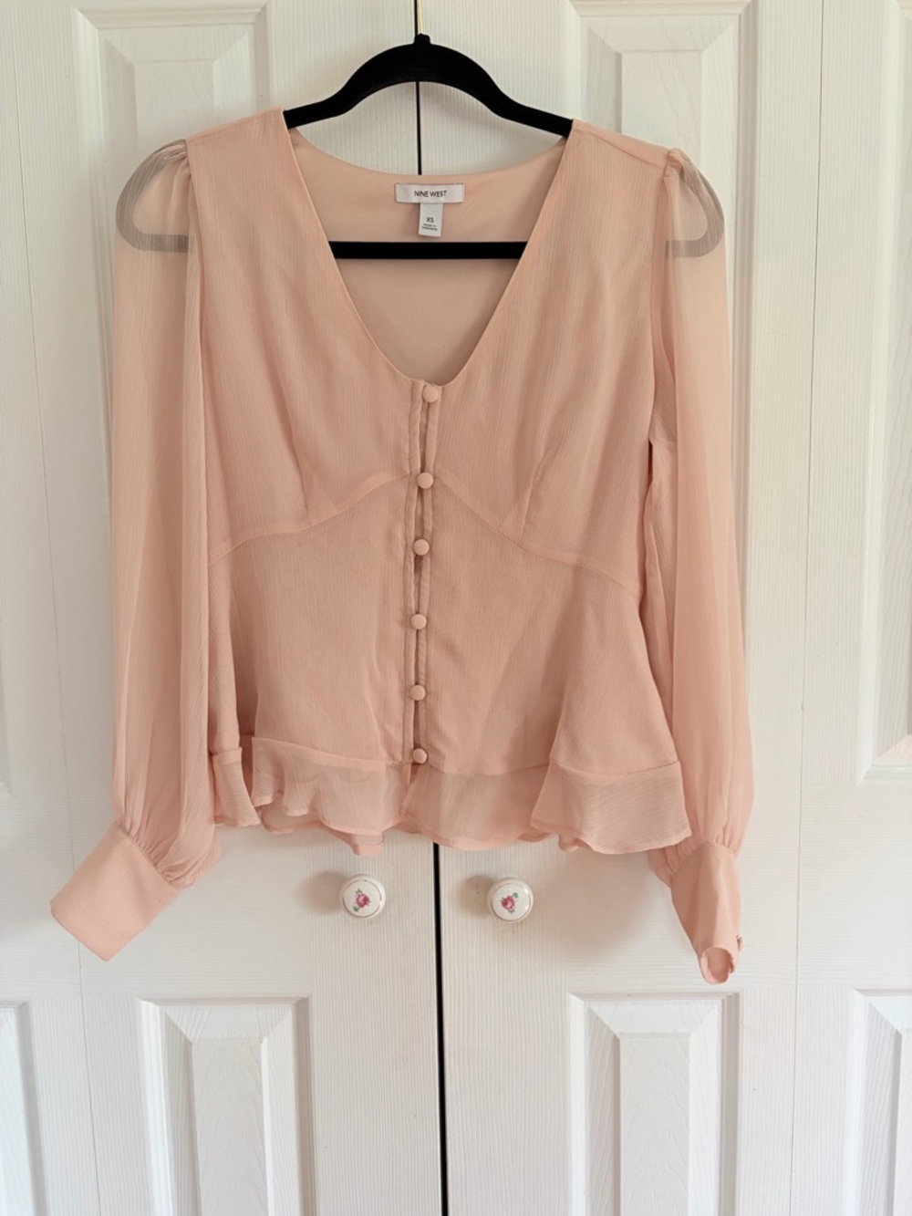 Nine West Pale Pink Button-Front Ruffle Blouse